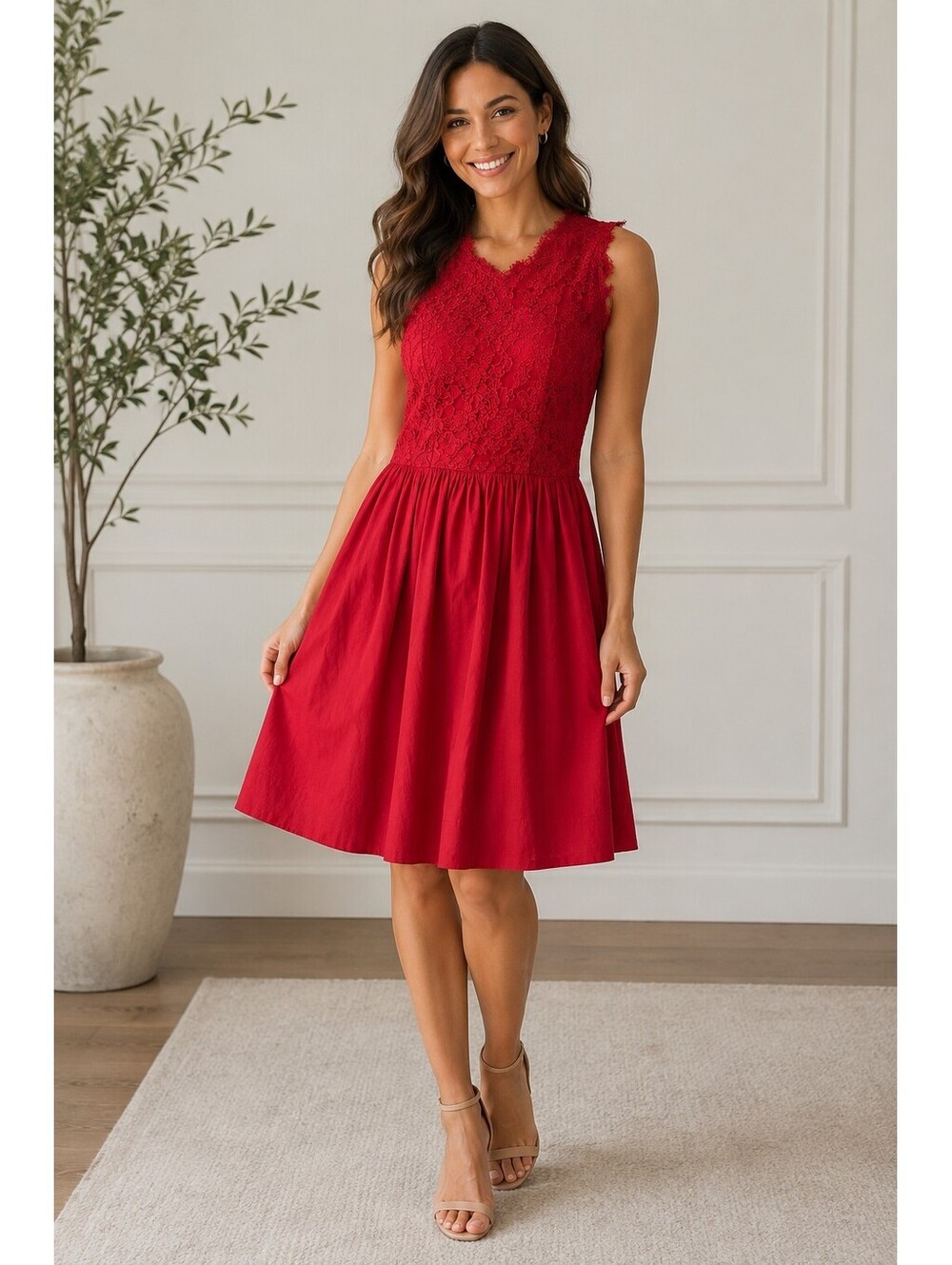 Catherine Regehr red lace-trim taffeta party dress